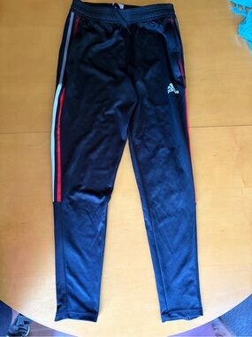 Adidas men’s Black Athletic Track Pants with Red, White and blue Stripe